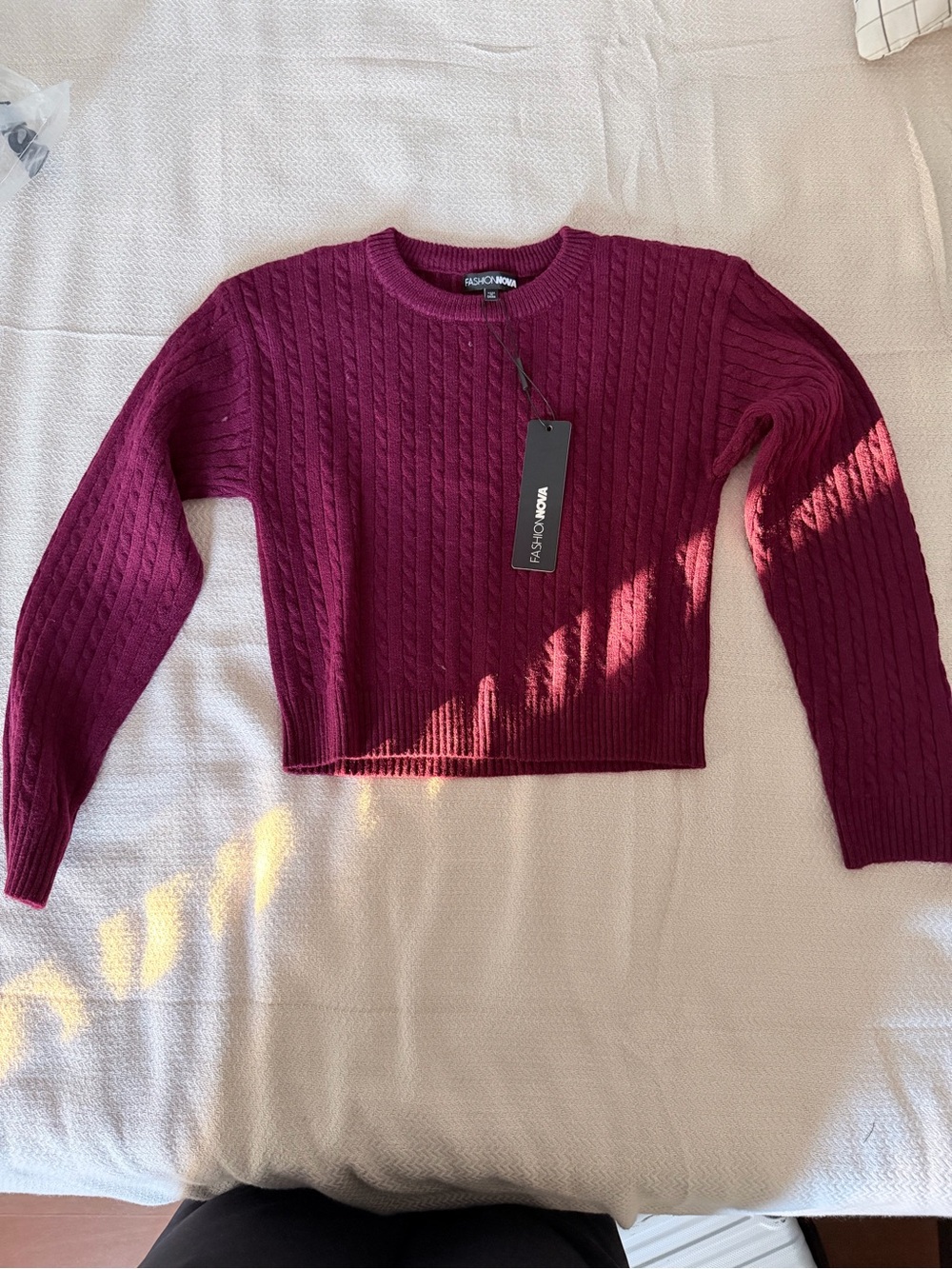 Fashion Nova Cable-Knit Cropped Crew Sweater - Burgundy